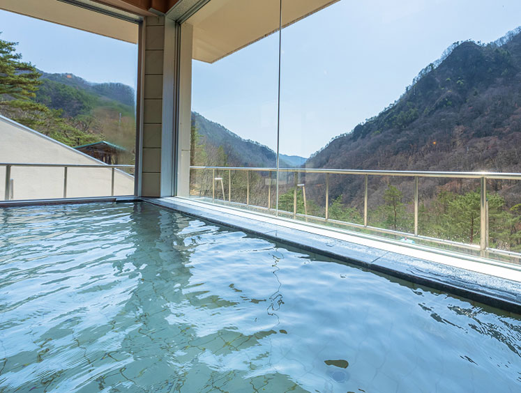 屋外の温泉施設と山々を望む絶景露天風呂